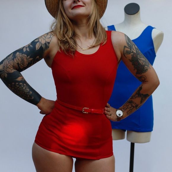 Vintage 60s 70s Retro One Piece Stretch Nylon Swimsuit Pin Up Mod Playsuit - Picture 6 of 9